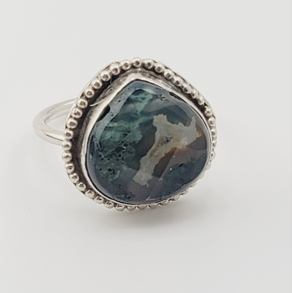 GREEN MOSS AGATE RING HANDMADE IN STERLING SILVER METAL SIZE 8 - Picture 1 of 6